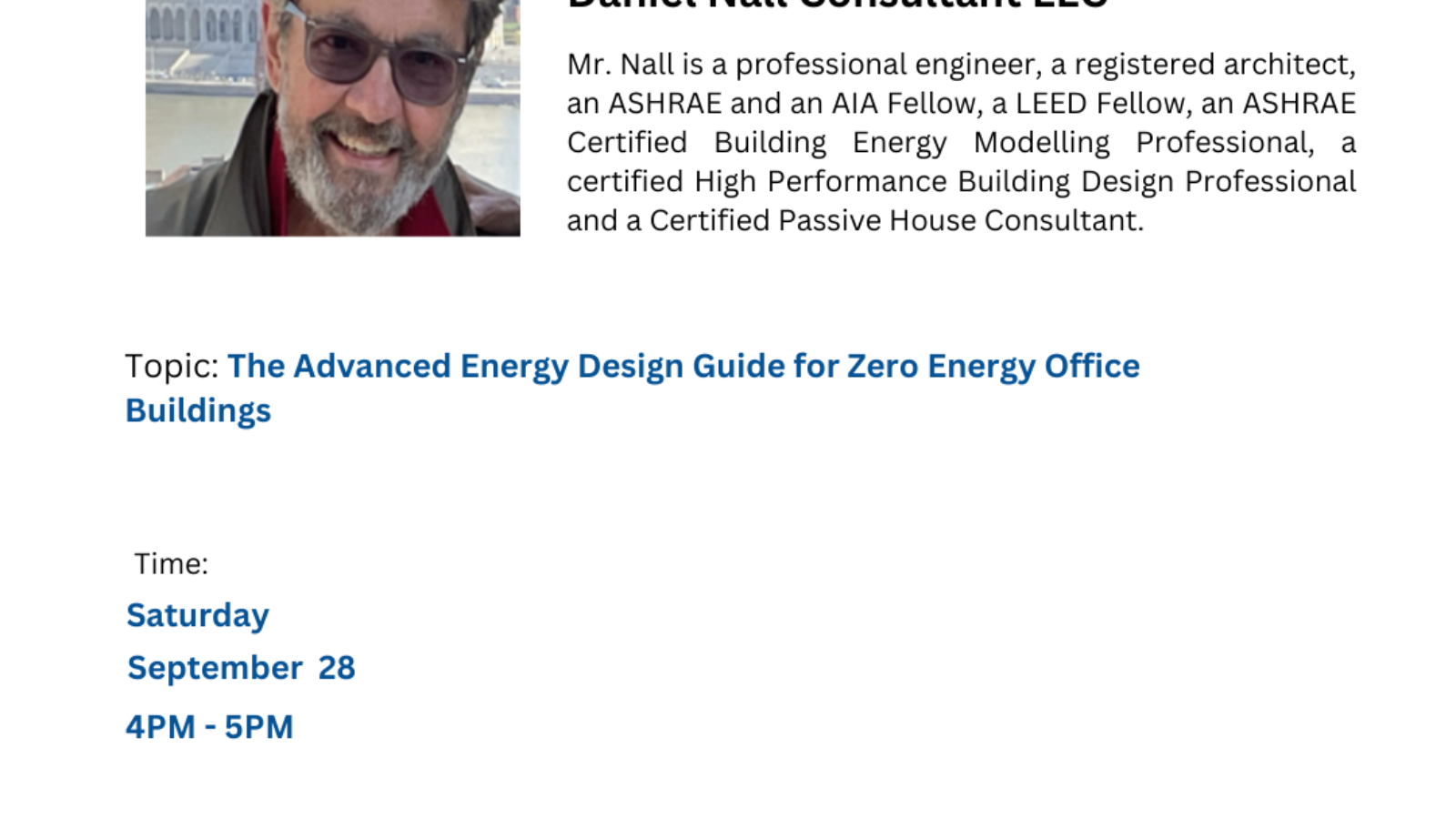 ASHRAE Falcon Chapter welcomes everyone to join a DL webinar on 'The Advanced Energy Design Guide for Zero Energy Office Buildings' by ASHRAE Distinguished Lecturer Daniel Nall on 28 September. It is a multi-chapter webinar hosted by ASHRAE Saudi chapter

Register: https://lnkd.in/d7ShHKUe